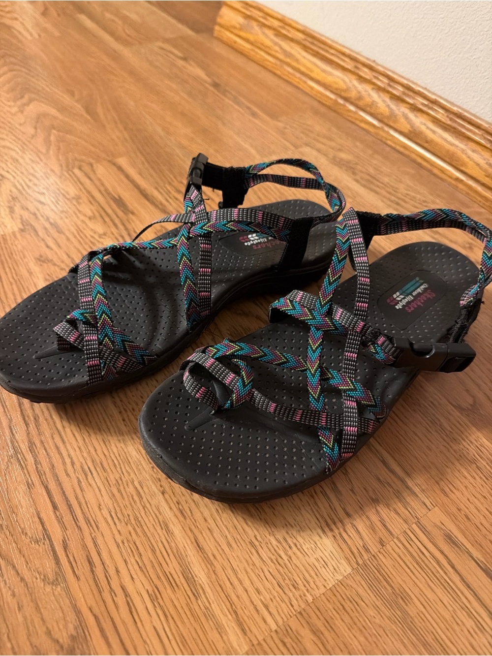 Skechers Black Sandals with Multicolor Chevron Straps